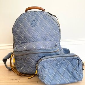 Tory Burch Blue Quilted Backpack with matching cosmetic bag